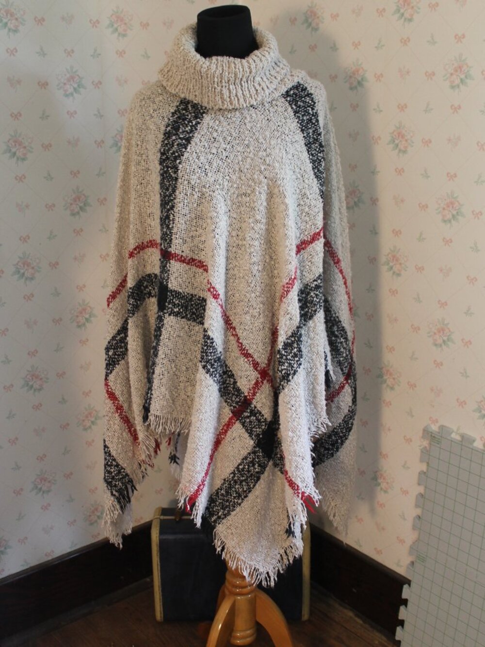 Woven Plaid Turtleneck Poncho